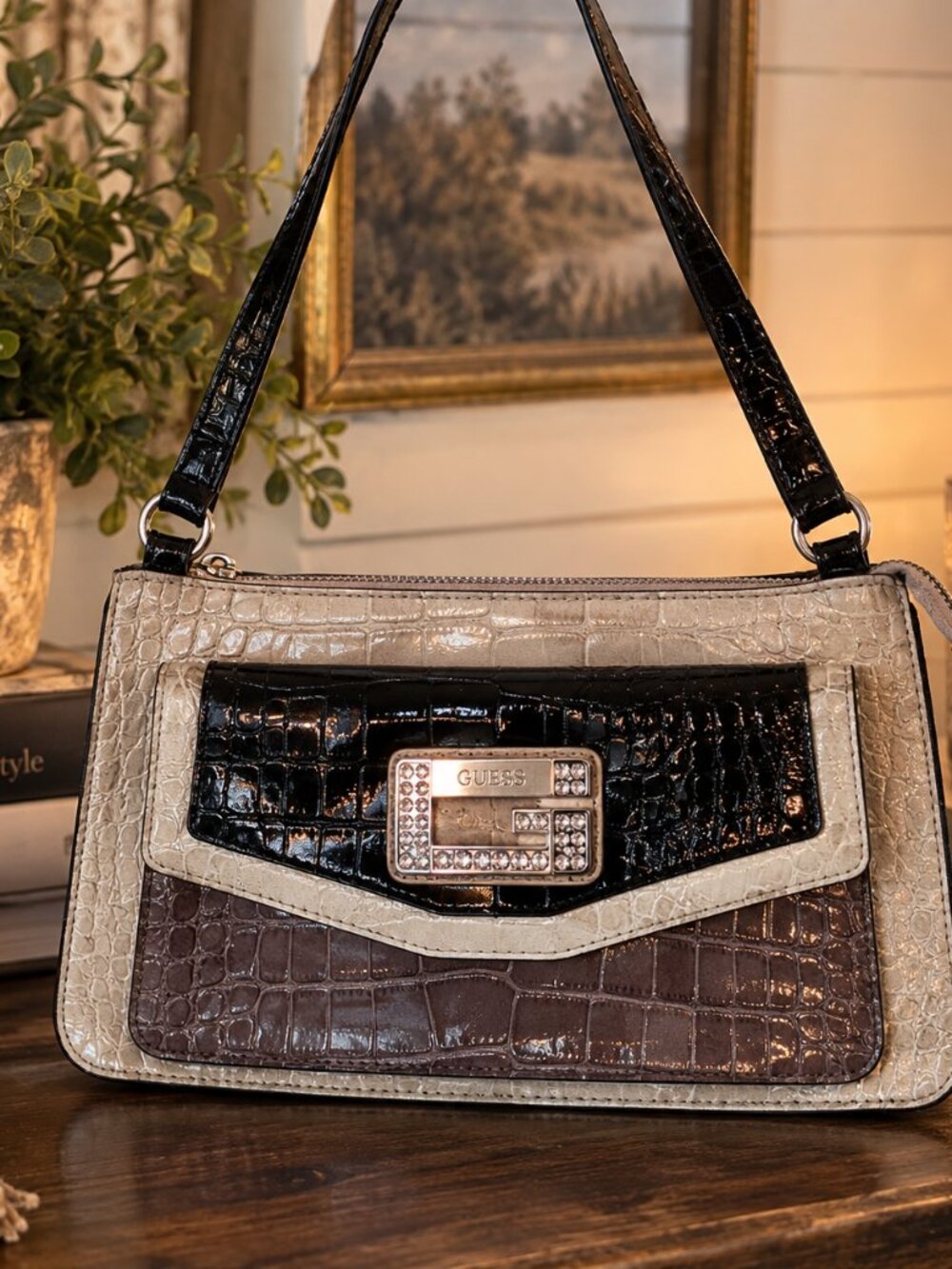 Vintage Y2K GUESS Croc-Embossed Shoulder Bag — Cream, Black & Smoky Plum